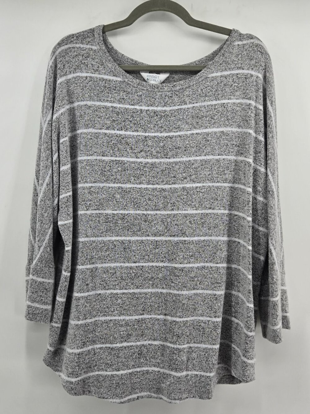 Market & Spruce Striped 3/4 Sleeve Knit Casual Pullover - L Grey/White